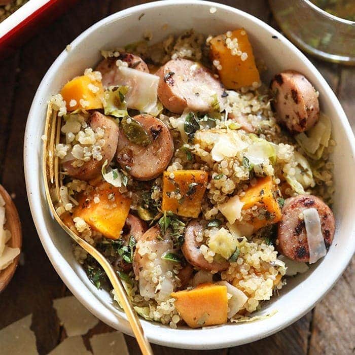 Fall Favorite: Apple Chicken Sausage Quinoa with Sweet Potatoes & Brussels Sprouts